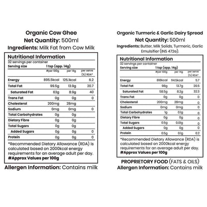 Barsana Magic and Nutritional information labels for Organic Cow Ghee and Organic Turmeric & Garlic Dairy Spread on a white background.