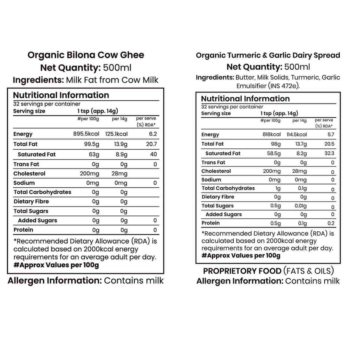 Barsana Magic and Nutritional information labels for Organic Biltona Cow Ghee and Organic Turmeric & Garlic Dairy Spread on a white background.