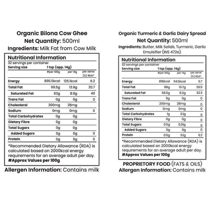 Barsana Magic and Nutritional information labels for Organic Biltona Cow Ghee and Organic Turmeric & Garlic Dairy Spread on a white background.