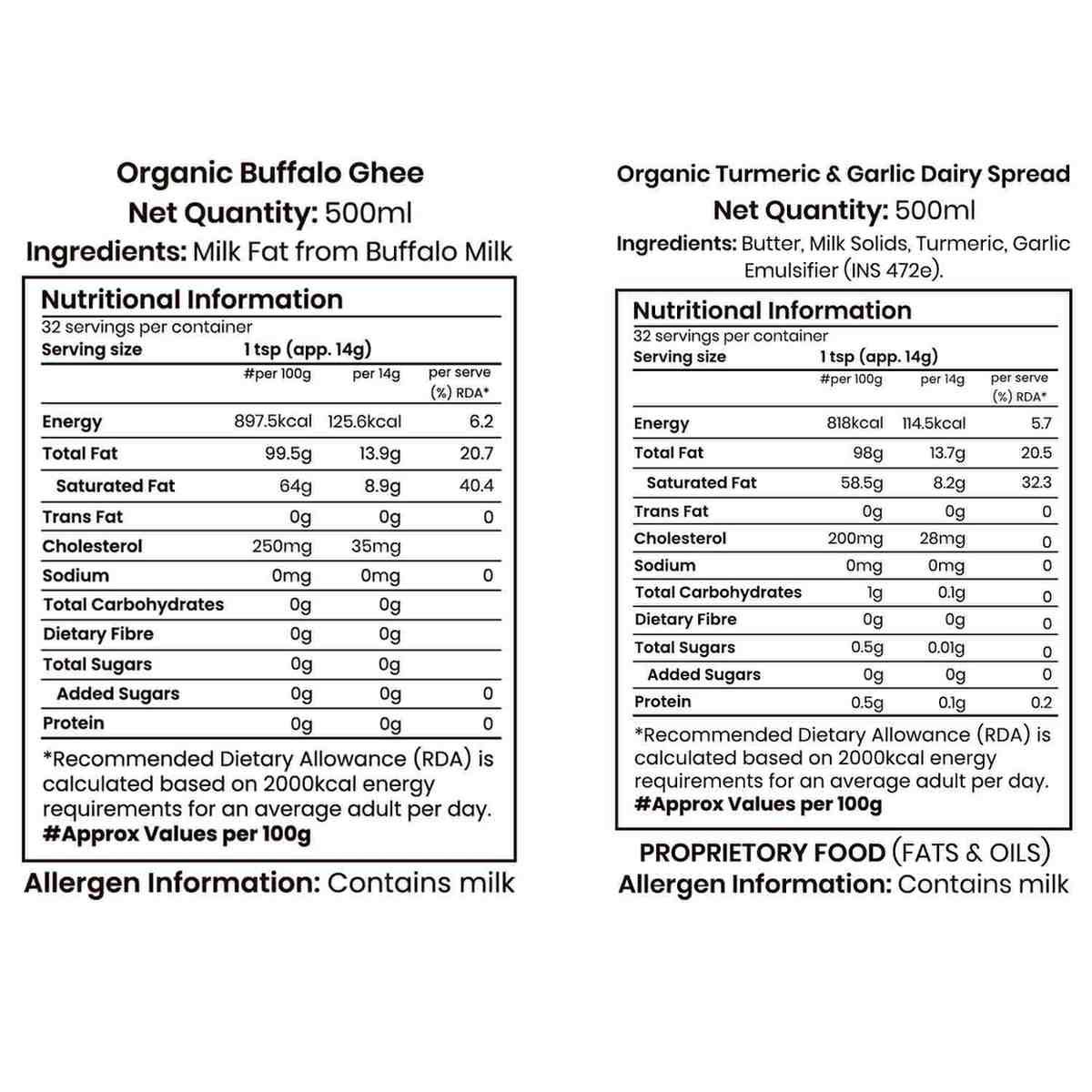 Barsana Magic and Nutritional information labels for Organic Buffalo Ghee and Organic Turmeric & Garlic Dairy Spread on a white background.