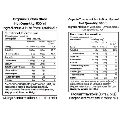Barsana Magic and Nutritional information labels for Organic Buffalo Ghee and Organic Turmeric & Garlic Dairy Spread on a white background.