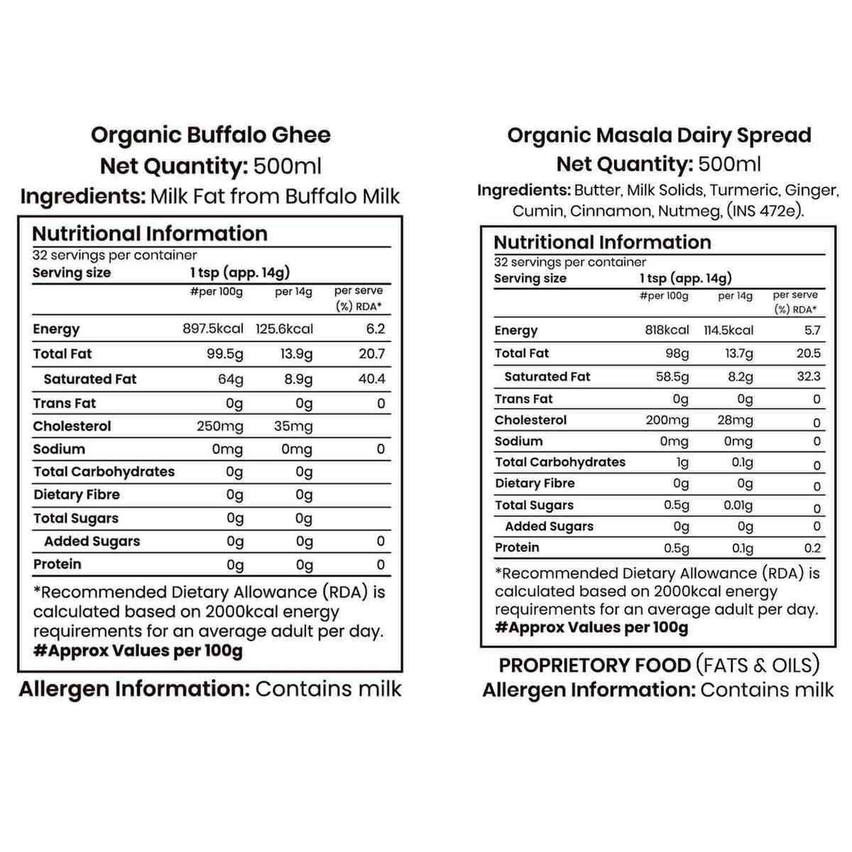 Barsana Magic and Nutritional information labels for Organic Buffalo Ghee and Organic Masala Dairy Spread on a white background.