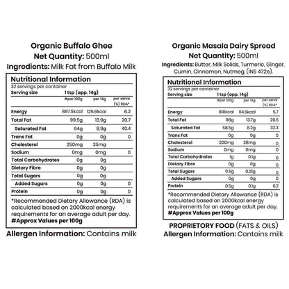 Barsana Magic and Nutritional information labels for Organic Buffalo Ghee and Organic Masala Dairy Spread on a white background.