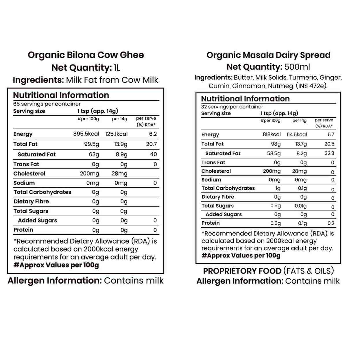 Barsana Magic and Nutritional information labels for Organic Biona Cow Ghee and Organic Masala Dairy Spread on a white background.