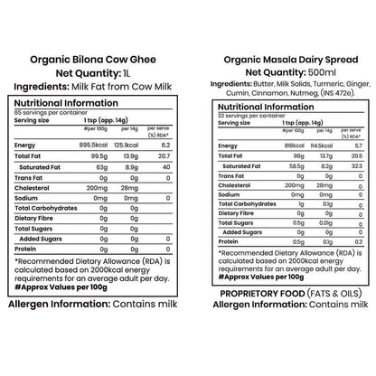 Barsana Magic and Nutritional information labels for Organic Biona Cow Ghee and Organic Masala Dairy Spread on a white background.