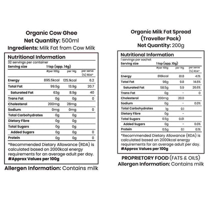 Barsana Magic and Nutritional information labels for Organic Cow Ghee and Organic Milk Fat Spread on a white background.