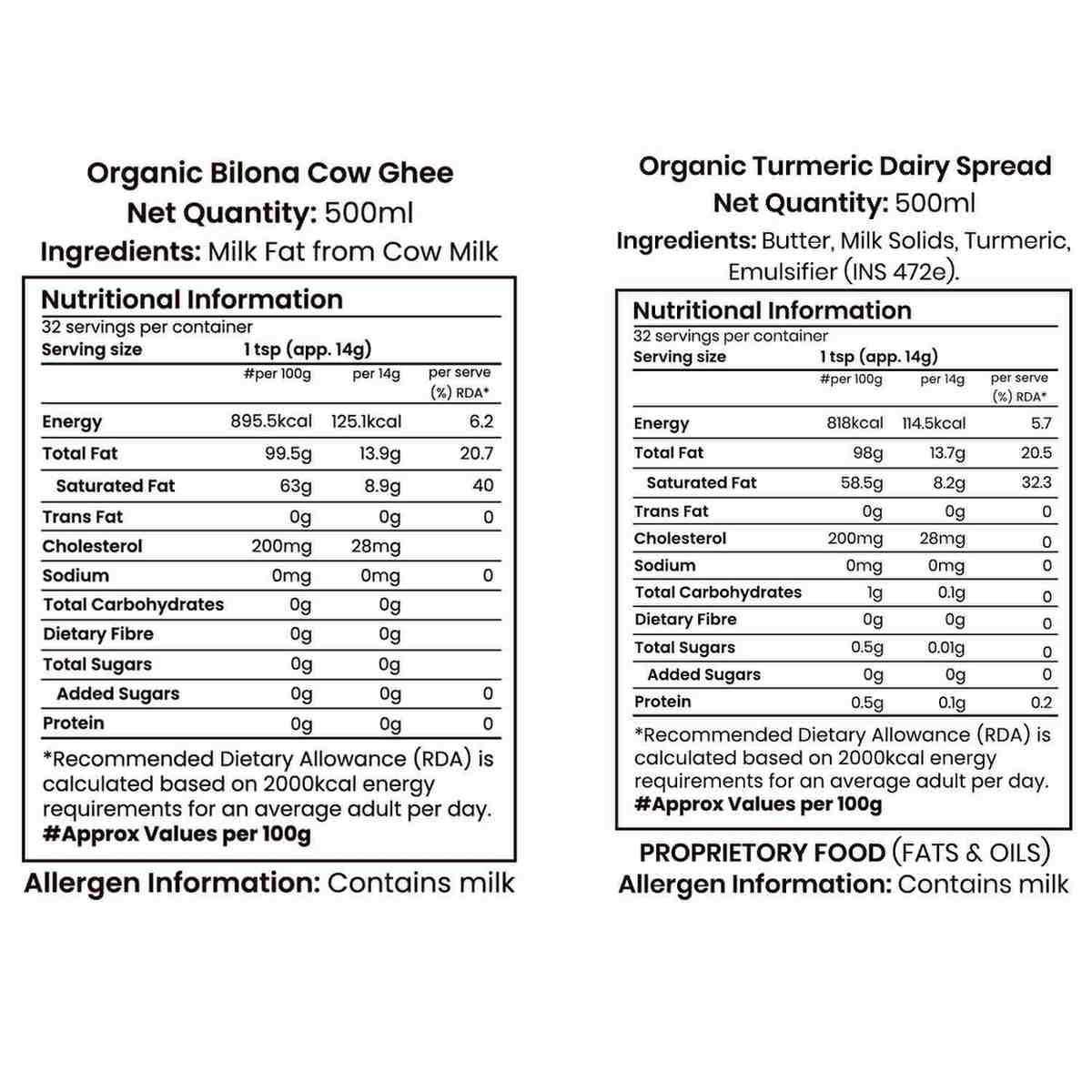 Barsana Magic and Nutritional information labels for Organic Biltona Cow Ghee and Organic Turmeric Dairy Spread on a white background.