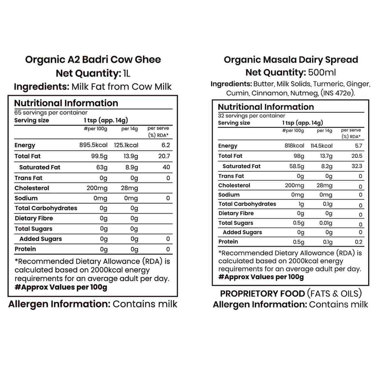 Barsana Magic and Nutritional information labels for Organic A2 Badri Cow Ghee and Organic Masala Dairy Spread on a white background.