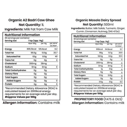 Barsana Magic and Nutritional information labels for Organic A2 Badri Cow Ghee and Organic Masala Dairy Spread on a white background.