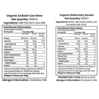 Barsana Magic and Nutritional information labels for Organic A2 Badri Cow Ghee and Organic Nettle Dairy Spread on a white background.