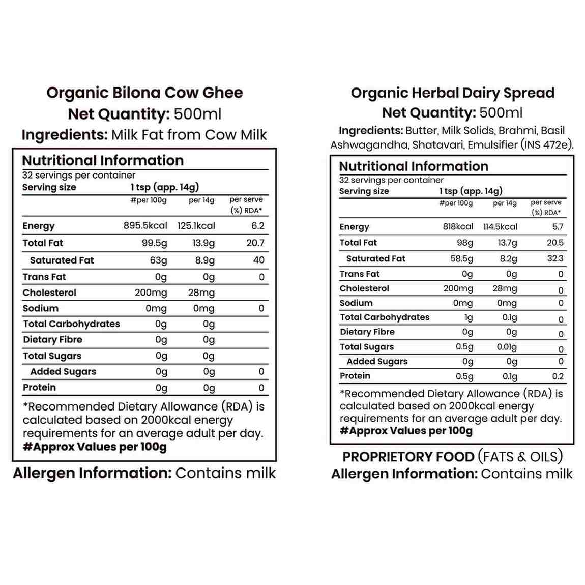 Barsana Magic and Nutritional information labels for Organic Biona Cow Ghee and Organic Herbal Dairy Spread on a white background.