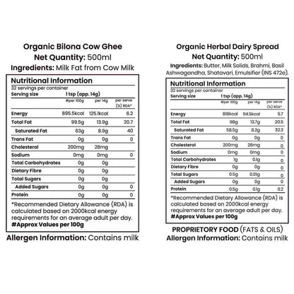 Barsana Magic and Nutritional information labels for Organic Biona Cow Ghee and Organic Herbal Dairy Spread on a white background.
