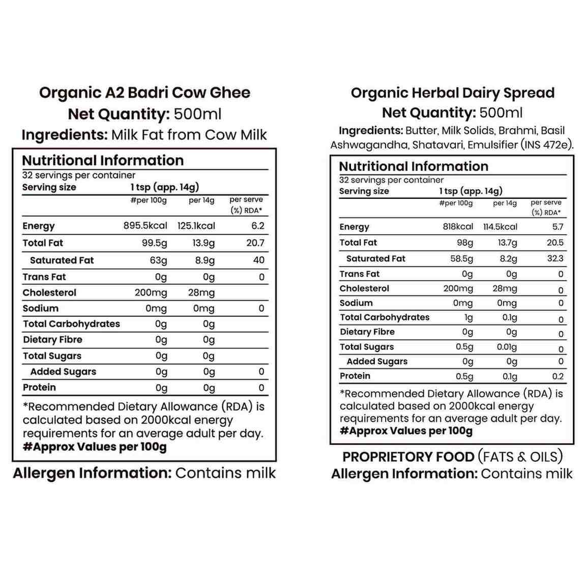 Barsana Magic and Nutritional information labels for Organic A2 Badri Cow Ghee and Organic Herbal Dairy Spread on a white background.