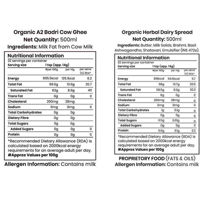 Barsana Magic and Nutritional information labels for Organic A2 Badri Cow Ghee and Organic Herbal Dairy Spread on a white background.