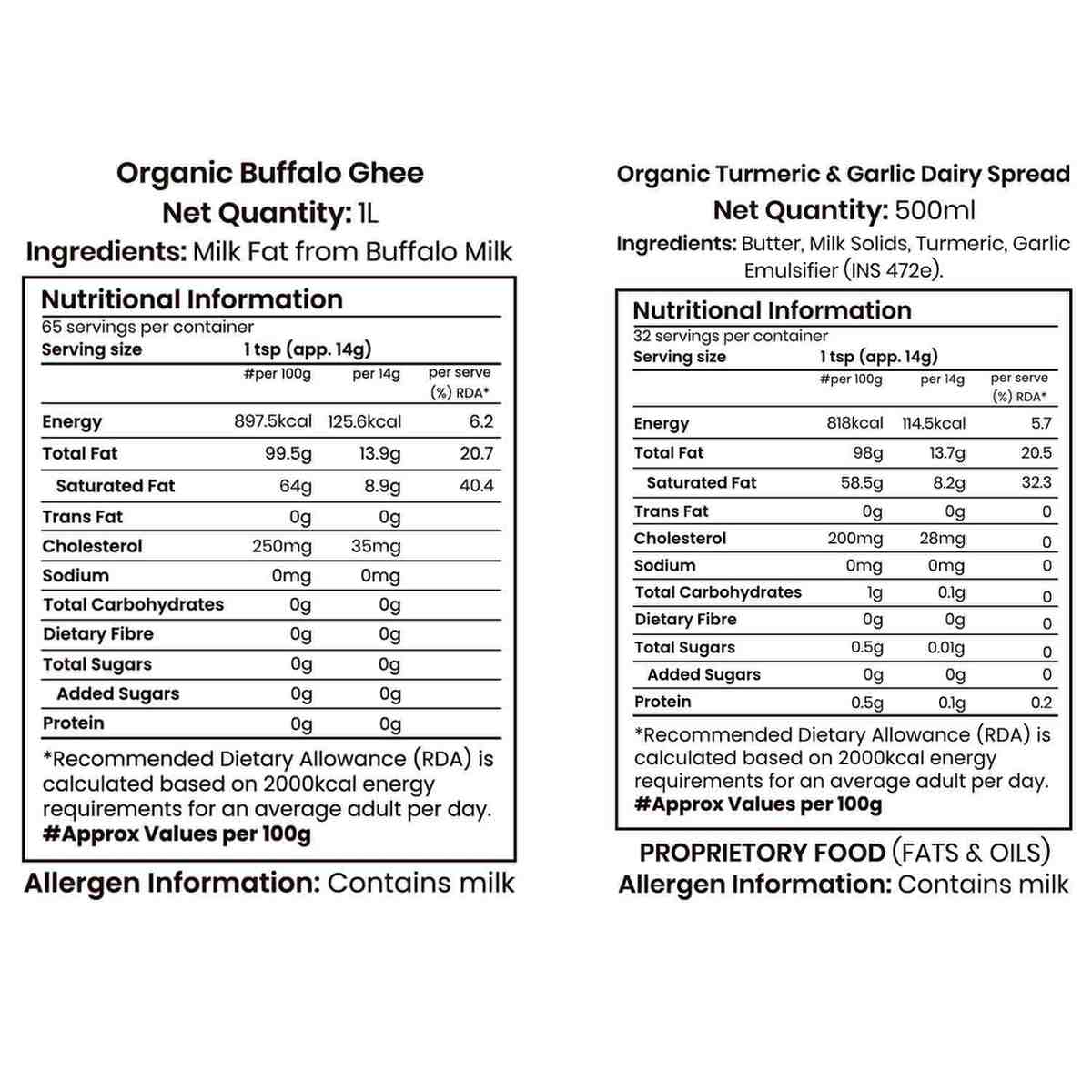 Barsana Magic and Nutritional information labels for Organic Buffalo Ghee and Organic Turmeric & Garlic Dairy Spread on a white background.