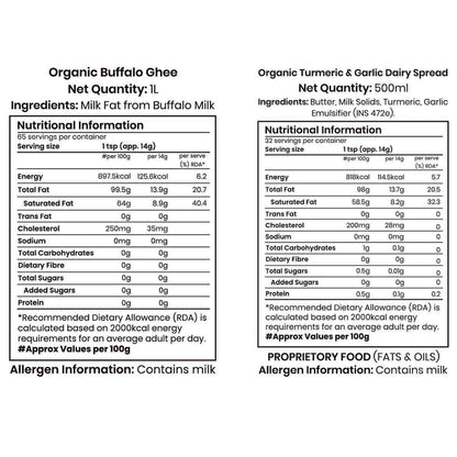 Barsana Magic and Nutritional information labels for Organic Buffalo Ghee and Organic Turmeric & Garlic Dairy Spread on a white background.