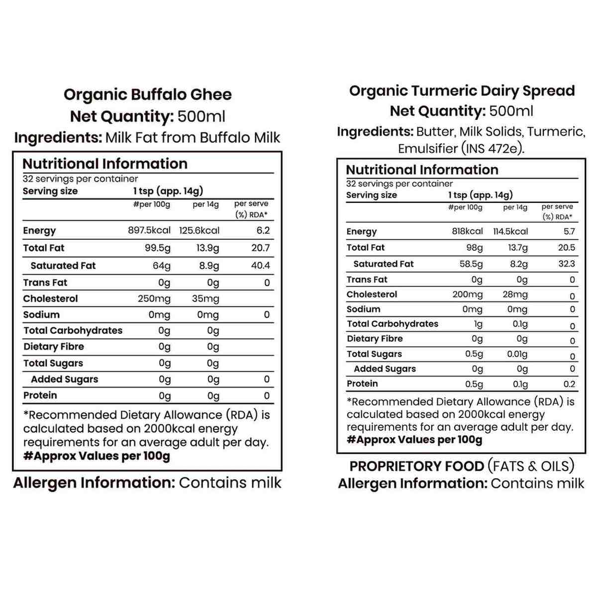 Barsana Magic and Nutritional information labels for Organic Buffalo Ghee and Organic Turmeric Dairy Spread on a white background.