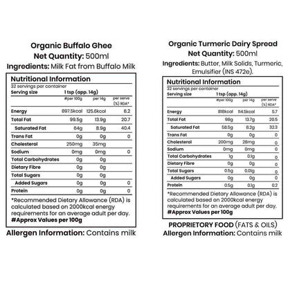 Barsana Magic and Nutritional information labels for Organic Buffalo Ghee and Organic Turmeric Dairy Spread on a white background.