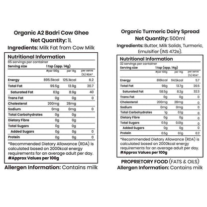 Barsana Magic and Nutritional information labels for Organic A2 Badri Cow Ghee and Organic Turmeric Dairy Spread on a white background.