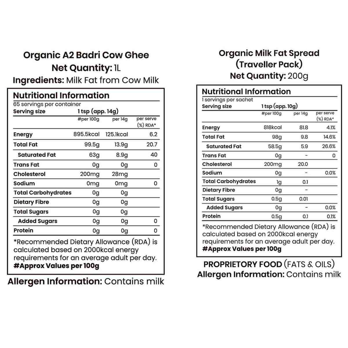 Barsana Magic and Nutritional information labels for Organic A2 Badri Cow Ghee and Organic Milk Fat Spread on a white background.