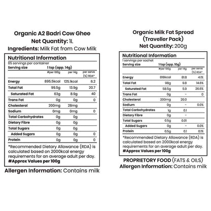 Barsana Magic and Nutritional information labels for Organic A2 Badri Cow Ghee and Organic Milk Fat Spread on a white background.