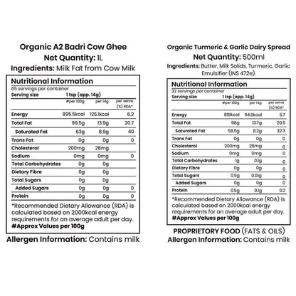 Barsana Magic and Nutritional information labels for Organic A2 Badri Cow Ghee and Organic Turmeric & Garlic Dairy Spread on a white background.