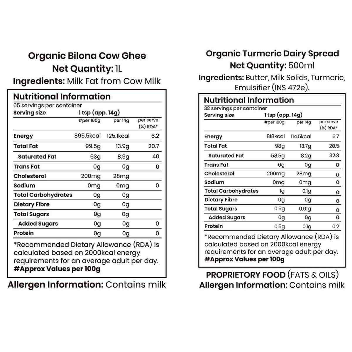 Barsana Magic and Nutritional information labels for Organic bilona Cow Ghee and Organic Turmeric Dairy Spread on a white background.