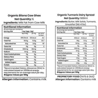 Barsana Magic and Nutritional information labels for Organic bilona Cow Ghee and Organic Turmeric Dairy Spread on a white background.