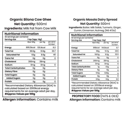 Barsana Magic and Nutritional information labels for Organic Biltona Cow Ghee and Organic Masala Dairy Spread on a white background.