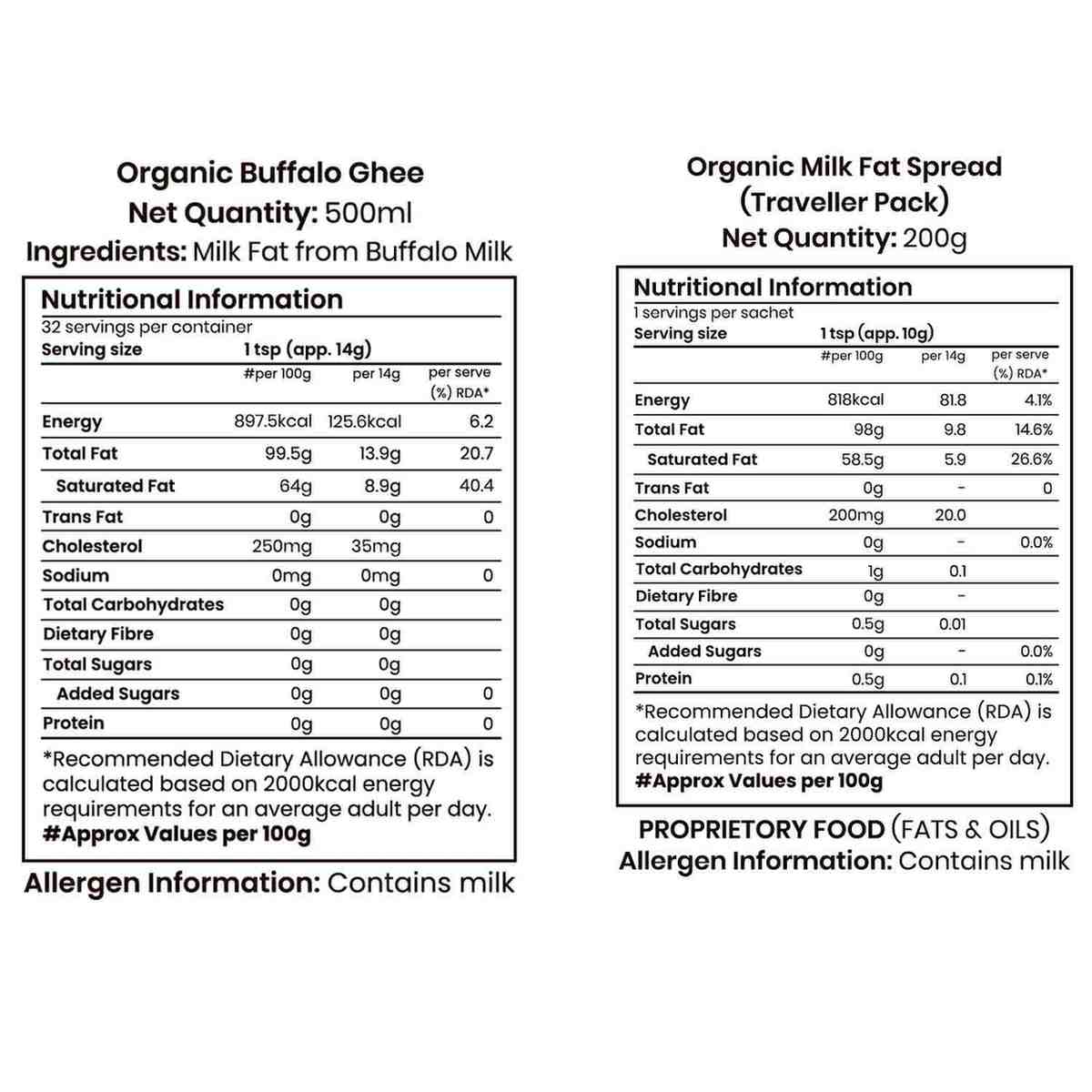 Barsana Magic and Nutritional information labels for Organic Buffalo Ghee and Organic Milk Fat Spread on a white background.