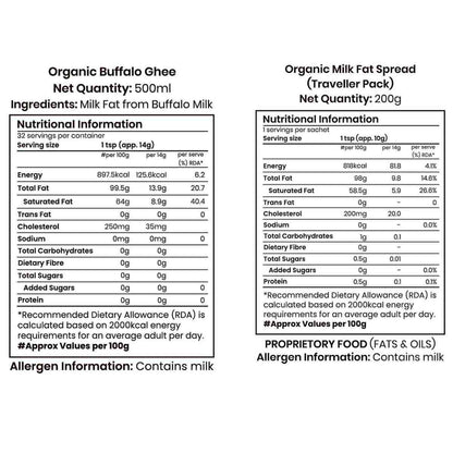 Barsana Magic and Nutritional information labels for Organic Buffalo Ghee and Organic Milk Fat Spread on a white background.