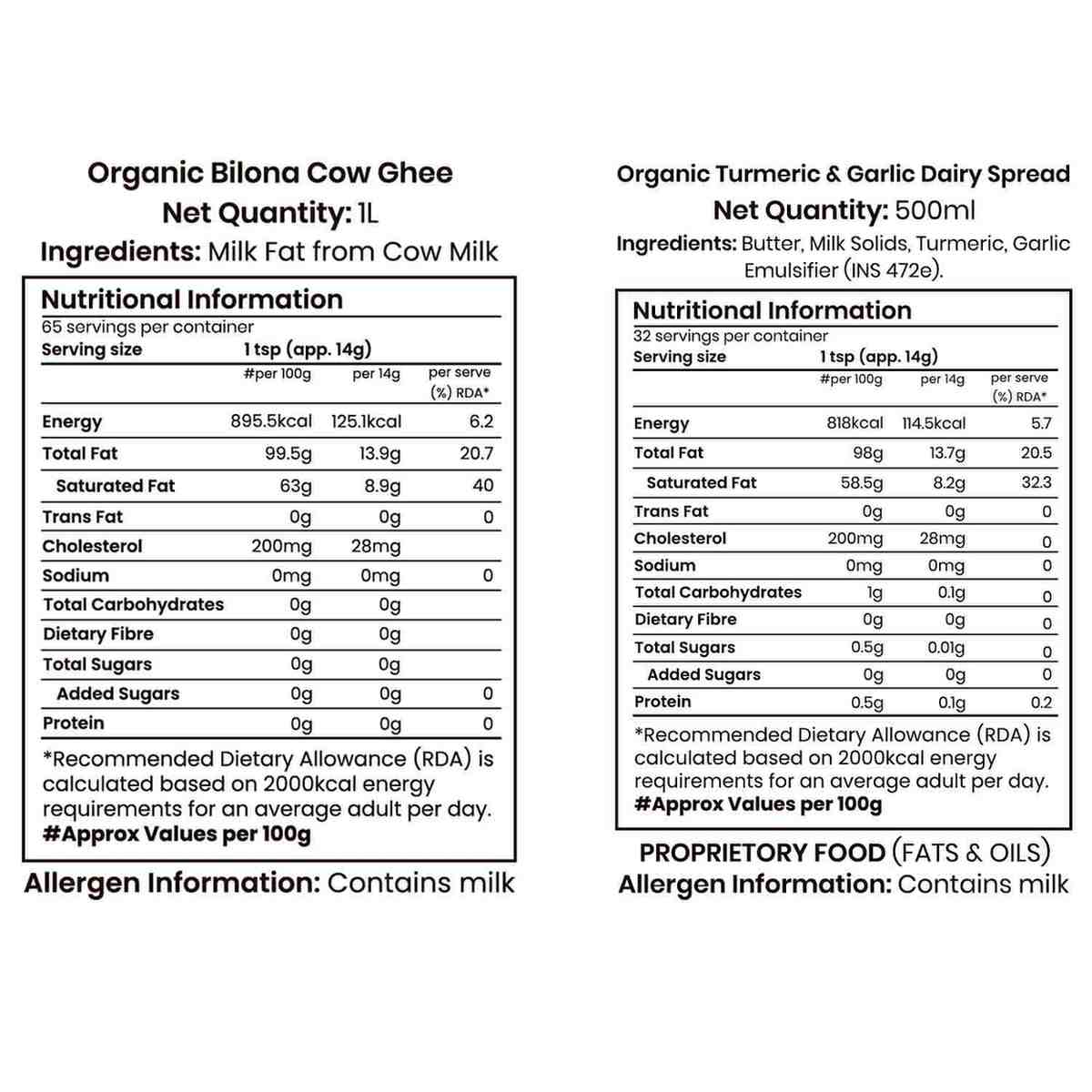 Barsana Magic and Nutritional information labels for Organic Bilona Cow Ghee and Organic Turmeric & Garlic Dairy Spread on a white background.
