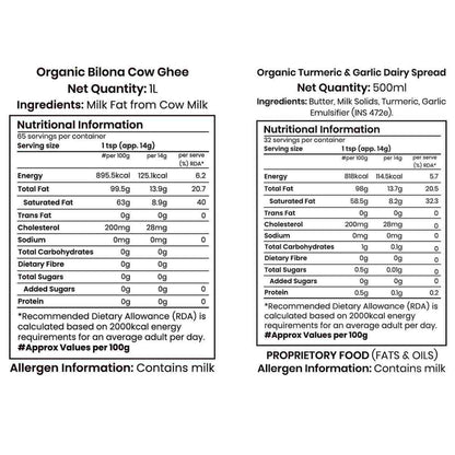 Barsana Magic and Nutritional information labels for Organic Bilona Cow Ghee and Organic Turmeric & Garlic Dairy Spread on a white background.