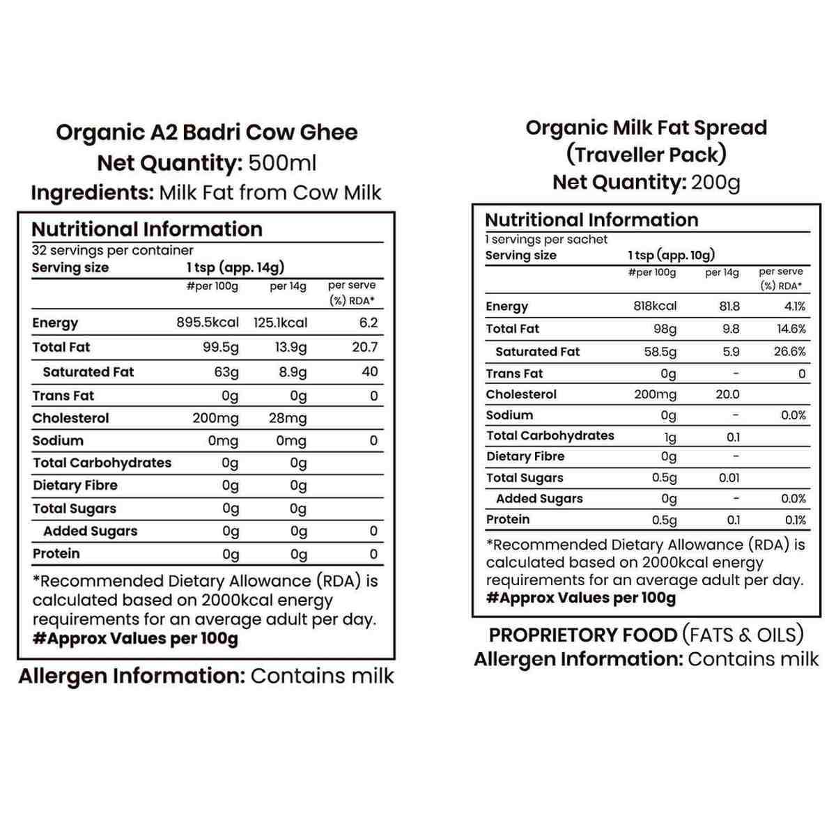 Barsana Magic and Nutritional information labels for Organic A2 Badri Cow Ghee and Organic Milk Fat Spread on a white background.