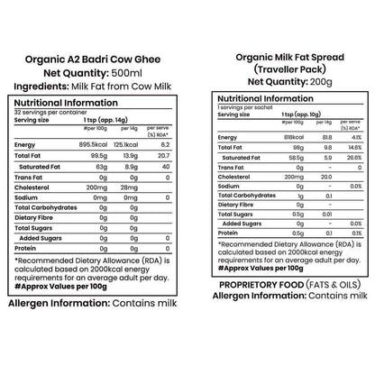 Barsana Magic and Nutritional information labels for Organic A2 Badri Cow Ghee and Organic Milk Fat Spread on a white background.