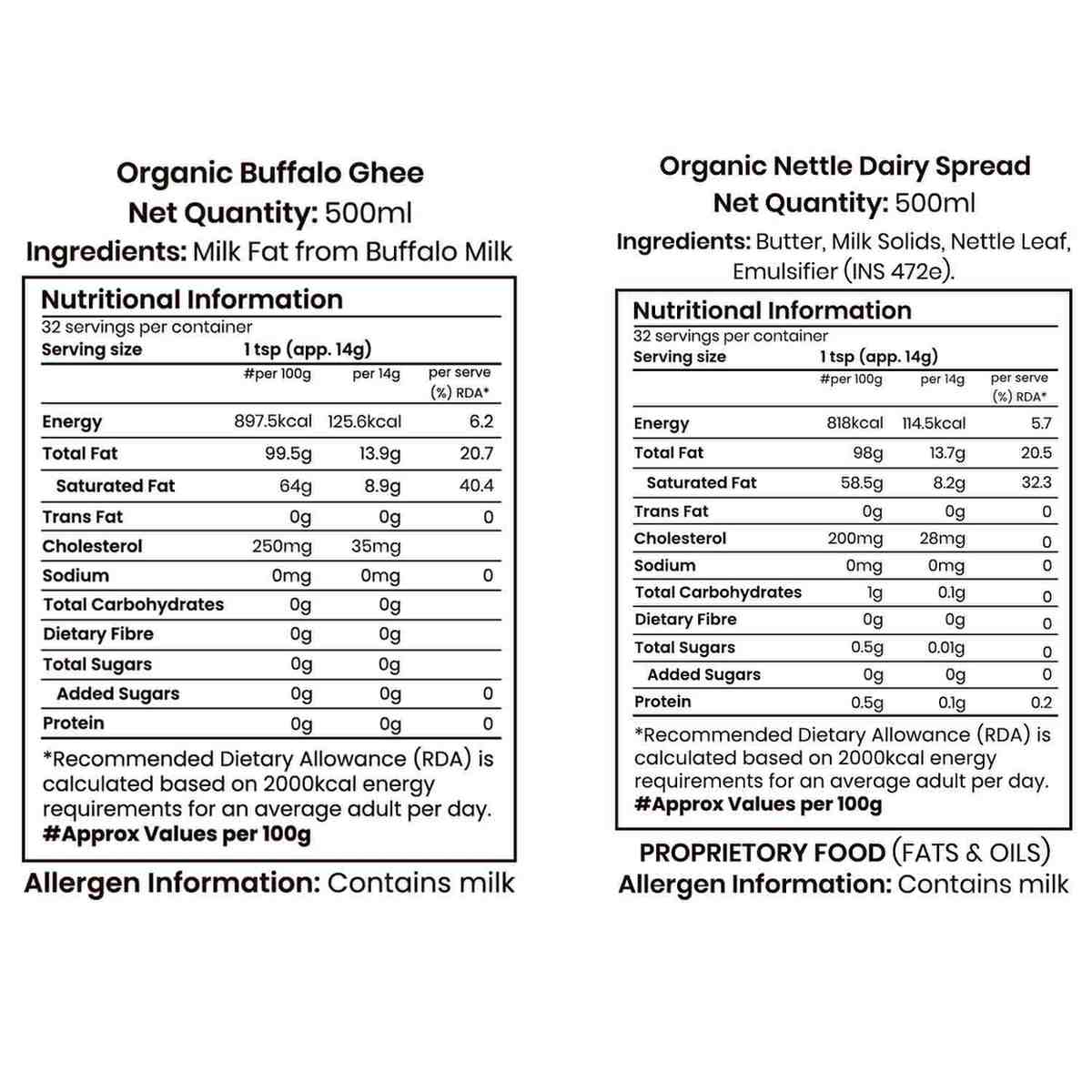 Barsana Magic and Nutritional information labels for Organic Buffalo Ghee and Organic Nettle Dairy Spread on a white background.
