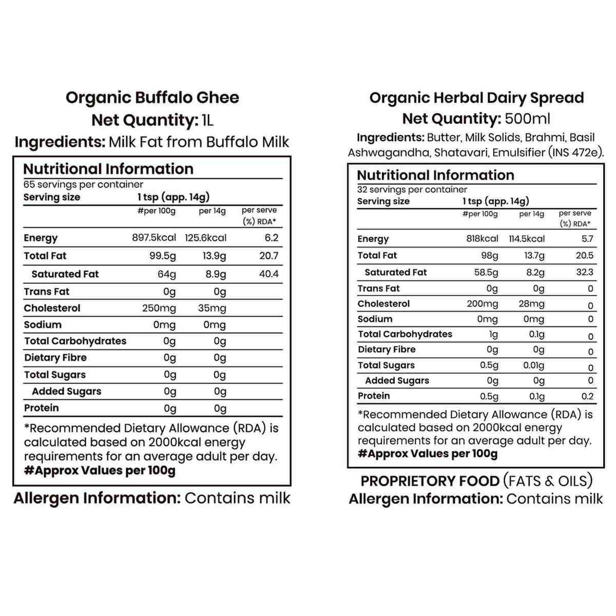 Barsana Magic and  Nutritional information labels for Organic Buffalo Ghee and Organic Herbal Dairy Spread on a white background.
