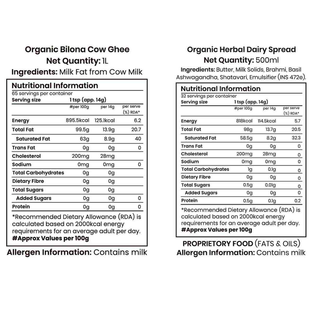 Barsana Magic and Nutritional information labels for Organic Biona Cow Ghee and Organic Herbal Dairy Spread on a white background.