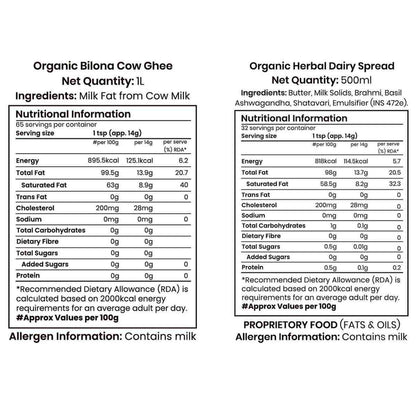 Barsana Magic and Nutritional information labels for Organic Biona Cow Ghee and Organic Herbal Dairy Spread on a white background.
