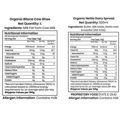 Barsana Magic and Nutritional information labels for Organic Biona Cow Ghee and Organic Nettle Dairy Spread on a white background.