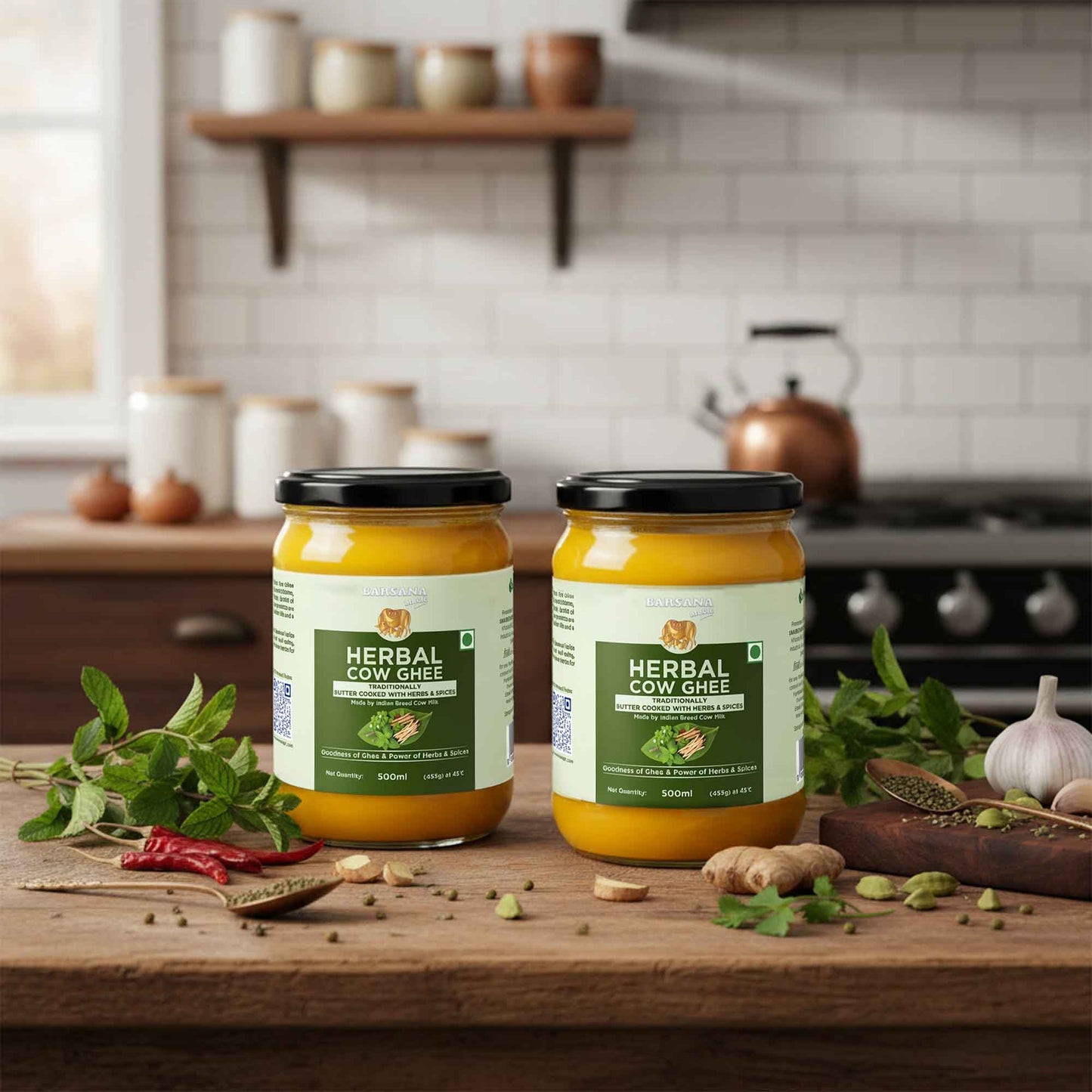 Barsana Magic and Two jars of Herbal Cow Ghee on a kitchen counter with spices and herbs.