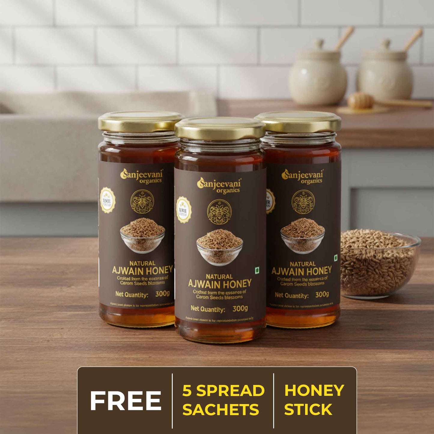 Barsana Magic and Three jars of Ajwain honey on a wooden table with a kitchen background.