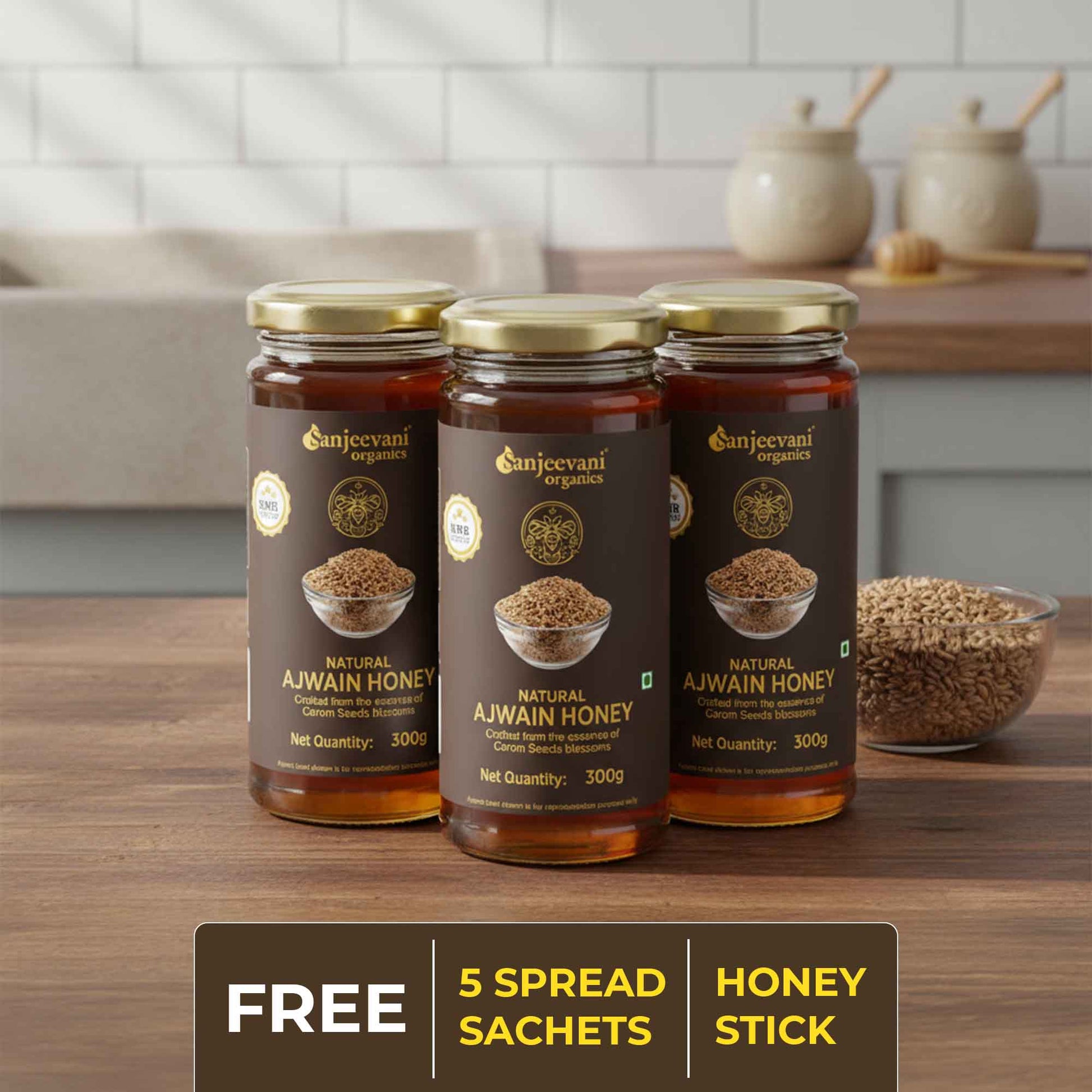 Barsana Magic and Three jars of Ajwain honey on a wooden table with a kitchen background.