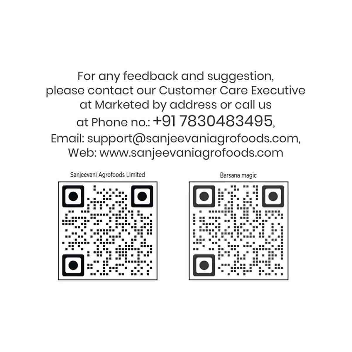Barsana Magic and Contact information for Sanjeevani Agrofoods Limited with QR codes on a white background