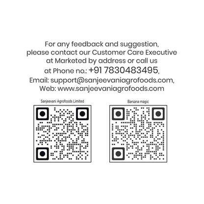Barsana Magic and Contact information for Sanjeevani Agrofoods Limited with QR codes on a white background