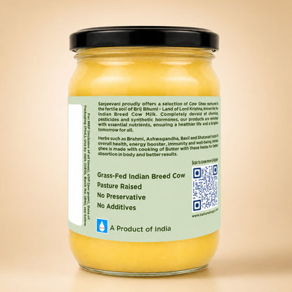 Barsana Magic and A jar of Sasejvan's Grass-Fed Indian Cow Milk Butter, featuring a pale green label with black text and a black lid, set against a solid beige background.