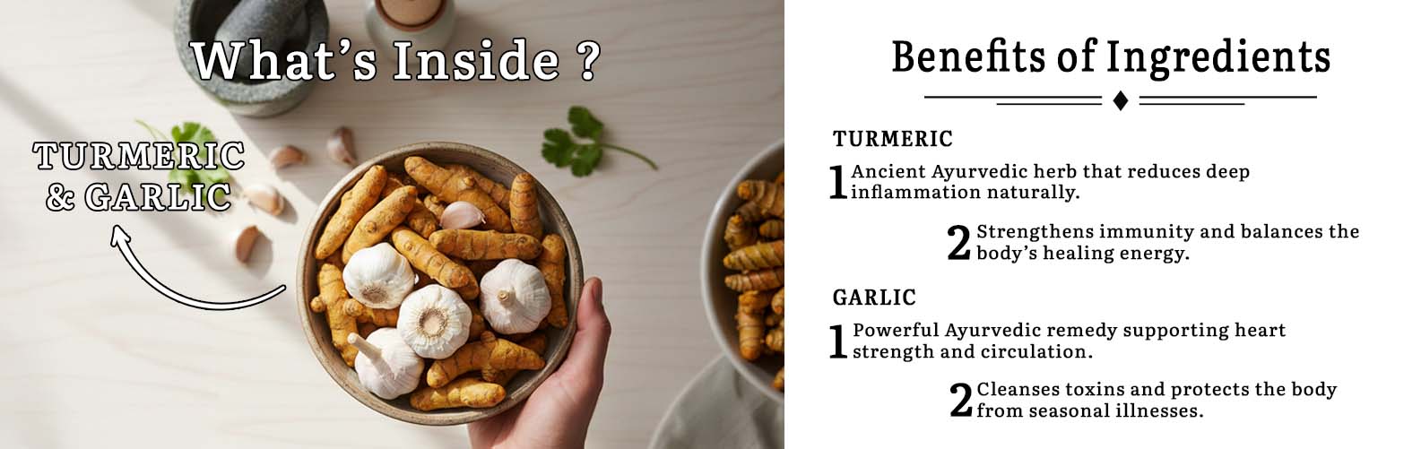 Barsana Magic and Product packaging with text on turmeric, garlic, and their benefits.