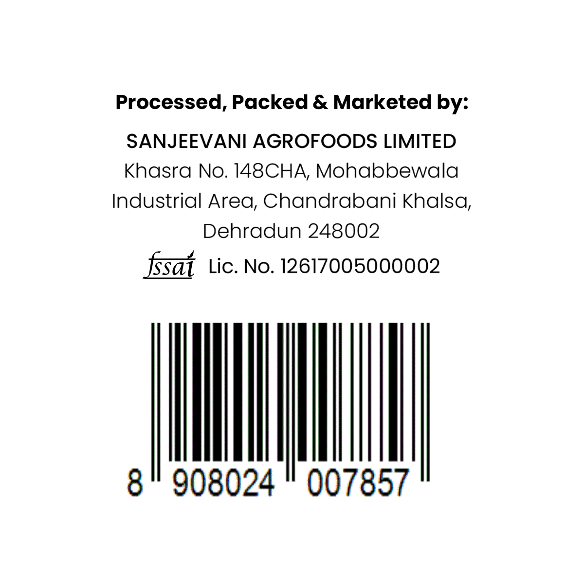 Barsana Magic and Sanjeevani Agrofoods Limited label with contact information and barcode on a white background