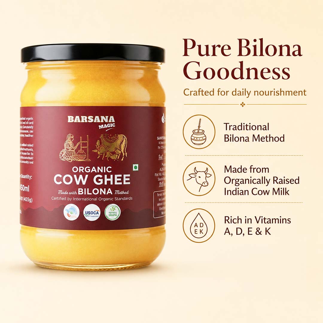 Barsana Magic and A jar of Barsana Magic Organic Cow Ghee on a light beige background with promotional text on the right. The jar has a black lid and a dark maroon label with white text and illustrations of a pot and an ox.