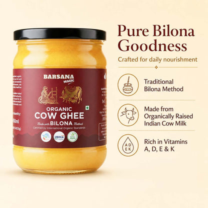 Barsana Magic and A jar of Barsana Magic Organic Cow Ghee on a light beige background with promotional text on the right. The jar has a black lid and a dark maroon label with white text and illustrations of a pot and an ox.